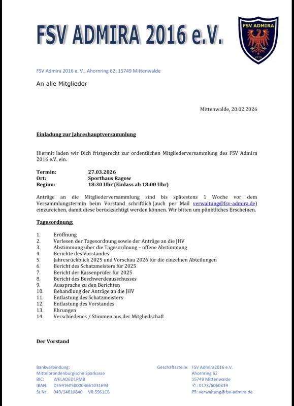 Einladung zur Jahreshauptversammlung 2026